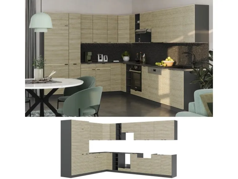 Vicco Fame-Line Eckküche Eiche Paneel/Anthrazit 347 x 257 cm ohne Arbeitsplatte ohne E-Geräte