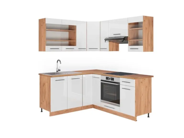 Vicco Fame-Line Eckküche Weiß Hochglanz/Goldkraft Eiche 160 x 190 cm AP Eiche ohne E-Geräte