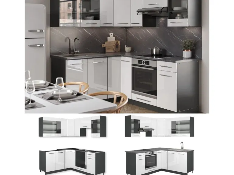 Vicco Fame-Line Eckküche Weiß Hochglanz/Anthrazit 160 x 190 cm AP Anthrazit ohne E-Geräte