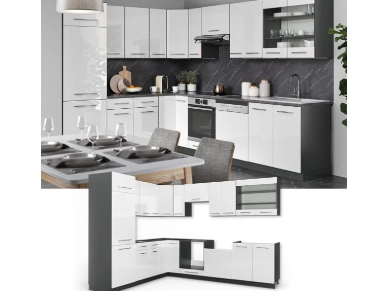 Vicco Fame-Line Eckküche Weiß Hochglanz/Anthrazit 227 x 60 cm ohne Arbeitsplatte ohne E-Geräte