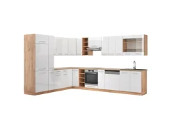 Vicco Fame-Line Eckküche Weiß Hochglanz/Goldkraft Eiche 347 x 257 cm ohne Arbeitsplatte ohne E-Geräte