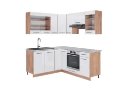 Vicco Fame-Line Eckküche Weiß Hochglanz/Goldkraft Eiche 160 x 190 cm AP Marmor ohne E-Geräte