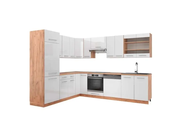 Vicco Fame-Line Eckküche Weiß Hochglanz/Goldkraft Eiche 227 x 287 cm AP Eiche ohne E-Geräte