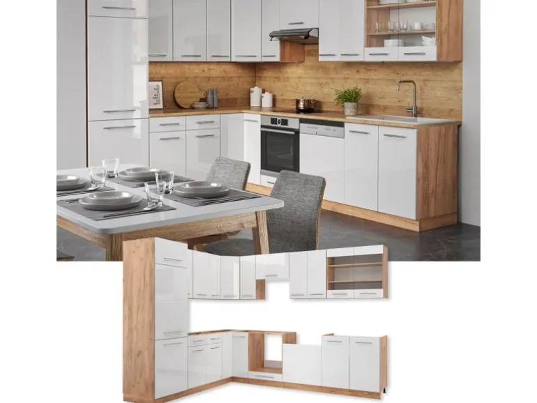 Vicco Fame-Line Eckküche Weiß Hochglanz/Goldkraft Eiche 227 x 287 cm AP Eiche ohne E-Geräte