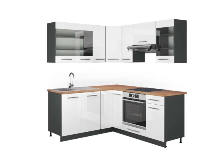 Vicco Fame-Line Eckküche Weiß Hochglanz/Anthrazit 160 x 190 cm AP Eiche ohne E-Geräte