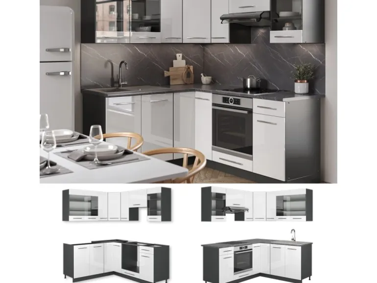 Vicco Fame-Line Eckküche Weiß Hochglanz/Anthrazit 160 x 190 cm AP Eiche ohne E-Geräte