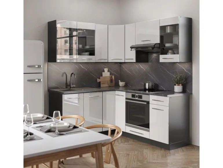 Vicco Fame-Line Eckküche Weiß Hochglanz/Anthrazit 160 x 190 cm AP Eiche ohne E-Geräte