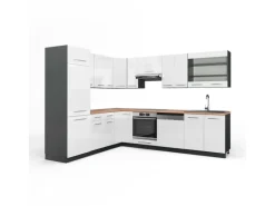 Vicco Fame-Line Küchenschränke Weiß Hochglanz/Anthrazit 227 x 287 cm AP Eiche ohne E-Geräte