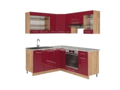 Vicco Fame-Line Küchenschränke Bordeaux Hochglanz/Goldkraft Eiche 160 x 190 cm AP Marmor ohne E-Geräte