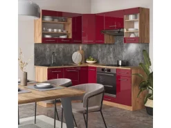 Vicco Fame-Line Küchenschränke Bordeaux Hochglanz/Goldkraft Eiche 160 x 190 cm AP Marmor ohne E-Geräte