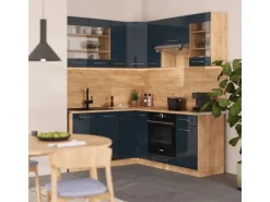 Vicco Fame-Line Küchenschränke Dunkelblau Hochglanz/Goldkraft Eiche 160 x 190 cm AP Eiche ohne E-Geräte