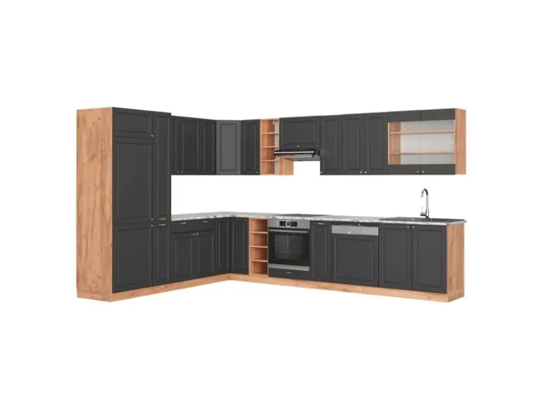 Vicco Fame-Line Küchenschränke Anthrazit Landhaus/Goldkraft Eiche 347 x 257 cm AP Marmor ohne E-Geräte