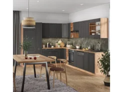 Vicco Fame-Line Küchenschränke Anthrazit Landhaus/Goldkraft Eiche 347 x 257 cm AP Marmor ohne E-Geräte