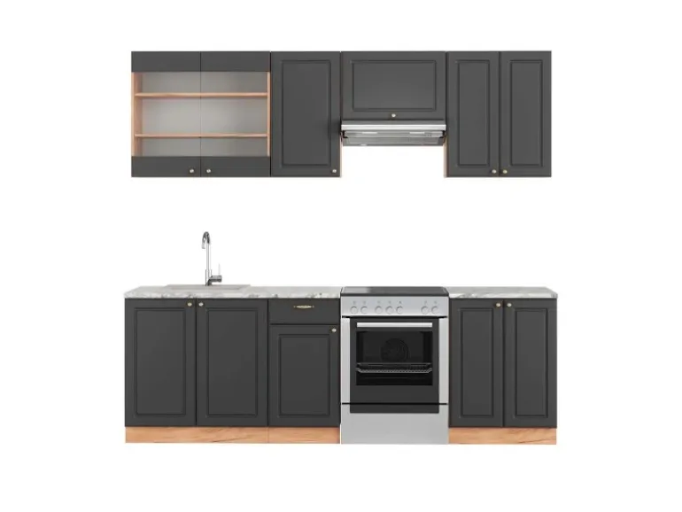 Vicco Fame-Line Küchenschränke Anthrazit Landhaus/Goldkraft Eiche 240 cm AP Marmor ohne E-Geräte