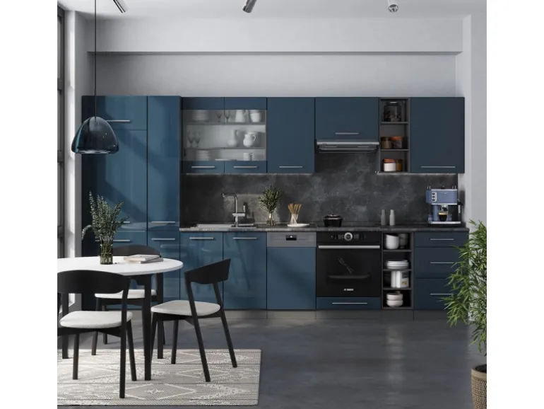 Vicco Fame-Line Küchenschränke Dunkelblau Hochglanz/Anthrazit 355 cm ohne Arbeitsplatte ohne E-Geräte