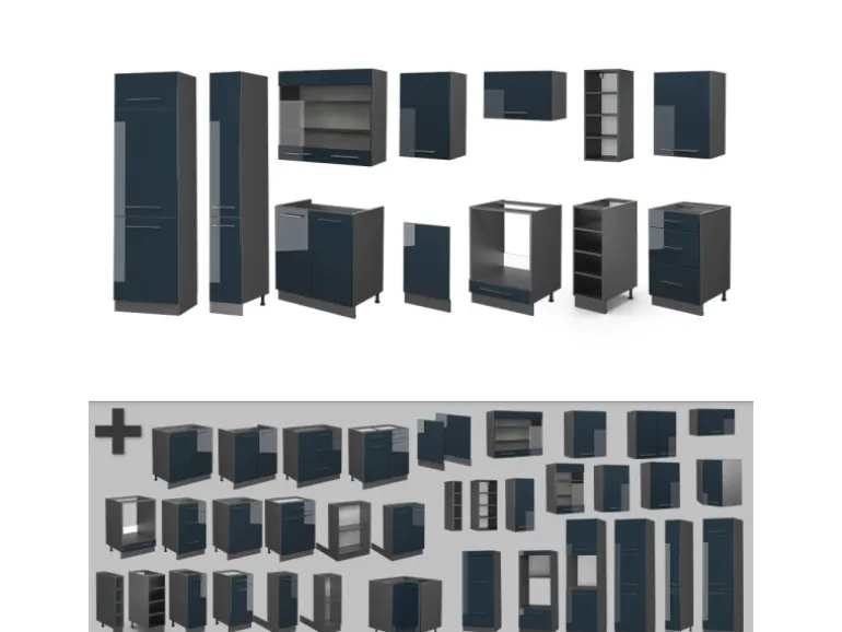 Vicco Fame-Line Küchenschränke Dunkelblau Hochglanz/Anthrazit 355 cm ohne Arbeitsplatte ohne E-Geräte