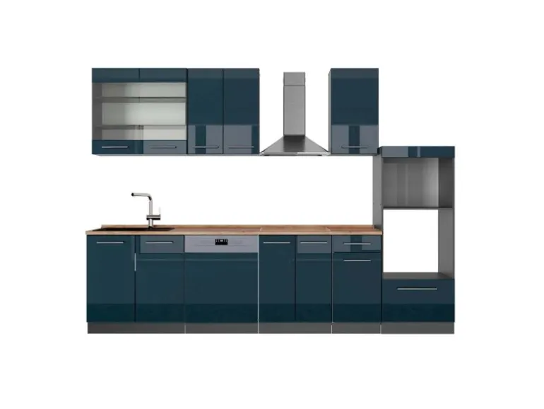 Vicco Fame-Line Küchenschränke Dunkelblau Hochglanz/Anthrazit 300 cm mit HochschrankAP Eiche ohne E-Geräte