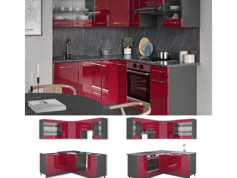 Vicco Fame-Line Küchenschränke Bordeaux Hochglanz/Anthrazit 160 x 60 cm ohne Arbeitsplatte ohne E-Geräte