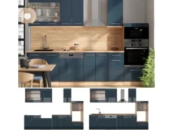 Vicco Fame-Line Küchenschränke Dunkelblau Hochglanz/Goldkraft Eiche 300 cm mit HochschrankAP Anthrazit ohne E-Geräte