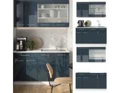 Vicco Fame-Line Küchenschränke Dunkelblau Hochglanz/Weiß 140 cm AP Eiche ohne E-Geräte