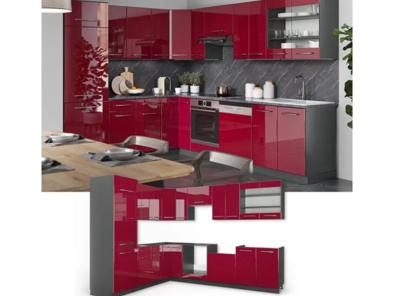 Vicco Fame-Line Küchenschränke Bordeaux Hochglanz/Anthrazit 227 x 287 cm AP Eiche ohne E-Geräte