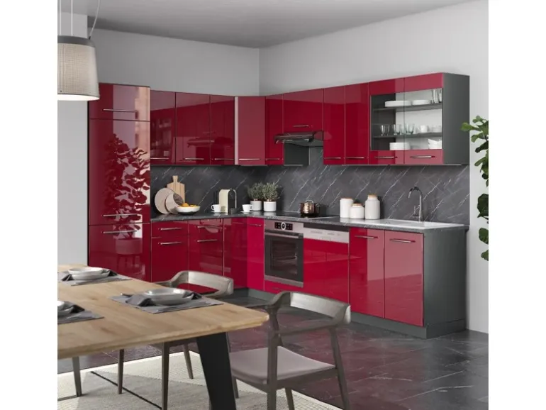 Vicco Fame-Line Küchenschränke Bordeaux Hochglanz/Anthrazit 227 x 287 cm AP Eiche ohne E-Geräte
