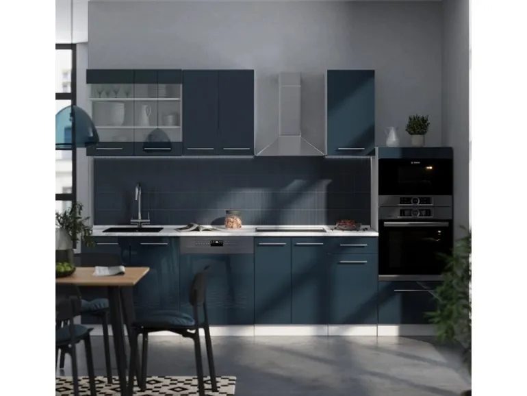 Vicco Fame-Line Küchenschränke Dunkelblau Hochglanz/Weiß 300 cm mit HochschrankAP Anthrazit ohne E-Geräte