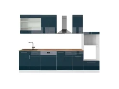 Vicco Fame-Line Küchenschränke Dunkelblau Hochglanz/Weiß 300 cm mit HochschrankAP Eiche ohne E-Geräte