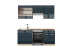 Vicco Fame-Line Küchenschränke Dunkelblau Hochglanz/Goldkraft Eiche 200 cm AP Eiche ohne E-Geräte