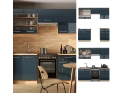 Vicco Fame-Line Küchenschränke Dunkelblau Hochglanz/Goldkraft Eiche 200 cm AP Eiche ohne E-Geräte