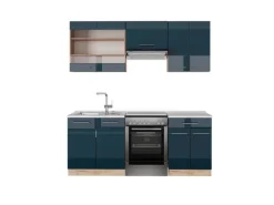 Vicco Fame-Line Küchenschränke Dunkelblau Hochglanz/Goldkraft Eiche 200 cm AP Marmor ohne E-Geräte