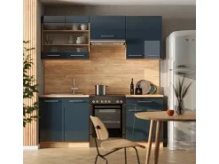 Vicco Fame-Line Küchenschränke Dunkelblau Hochglanz/Goldkraft Eiche 200 cm AP Marmor ohne E-Geräte