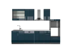 Vicco Fame-Line Küchenschränke Dunkelblau Hochglanz/Anthrazit 300 cm mit HochschrankAP Marmor ohne E-Geräte
