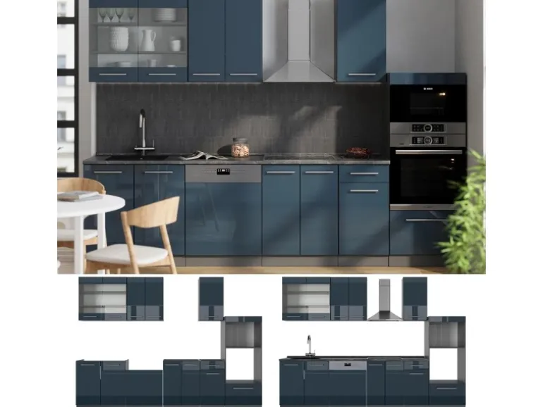 Vicco Fame-Line Küchenschränke Dunkelblau Hochglanz/Anthrazit 300 cm mit HochschrankAP Marmor ohne E-Geräte
