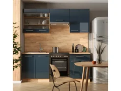 Vicco Fame-Line Küchenschränke Dunkelblau Hochglanz/Goldkraft Eiche 200 cm AP Anthrazit ohne E-Geräte