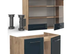 Vicco Fame-Line Küchenschränke Dunkelblau Hochglanz/Goldkraft Eiche 200 cm AP Anthrazit ohne E-Geräte