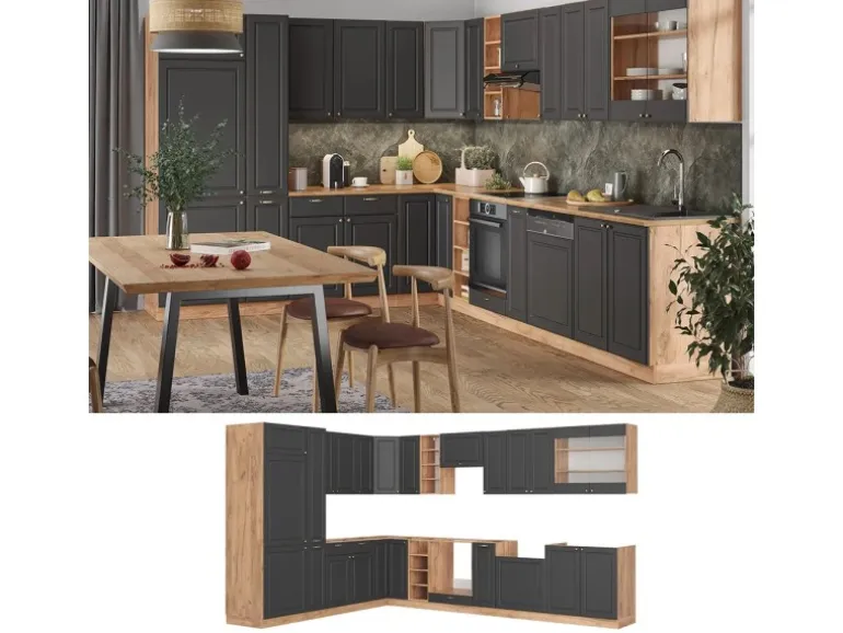 Vicco Fame-Line Küchenschränke Anthrazit Landhaus/Goldkraft Eiche 347 x 257 cm AP Eiche ohne E-Geräte