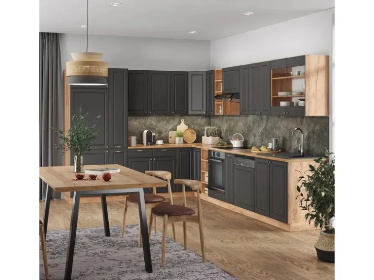 Vicco Fame-Line Küchenschränke Anthrazit Landhaus/Goldkraft Eiche 347 x 257 cm AP Eiche ohne E-Geräte
