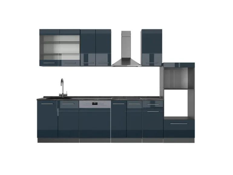 Vicco Fame-Line Küchenschränke Dunkelblau Hochglanz/Anthrazit 300 cm mit HochschrankAP Anthrazit ohne E-Geräte