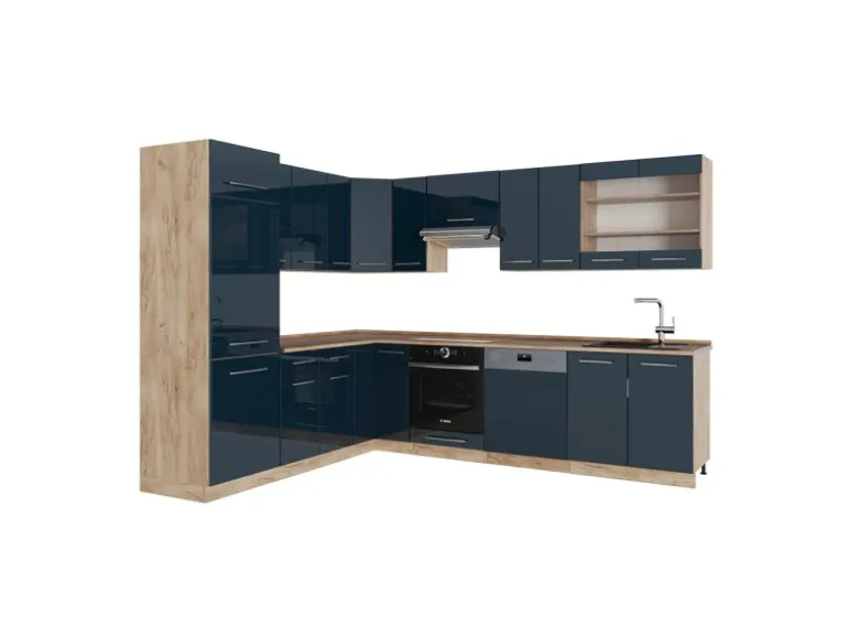 Vicco Fame-Line Küchenschränke Dunkelblau Hochglanz/Goldkraft Eiche 227 x 60 cm ohne Arbeitsplatte ohne E-Geräte