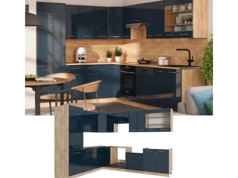 Vicco Fame-Line Küchenschränke Dunkelblau Hochglanz/Goldkraft Eiche 227 x 60 cm ohne Arbeitsplatte ohne E-Geräte