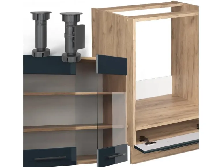 Vicco Fame-Line Küchenschränke Dunkelblau Hochglanz/Goldkraft Eiche 227 x 60 cm ohne Arbeitsplatte ohne E-Geräte