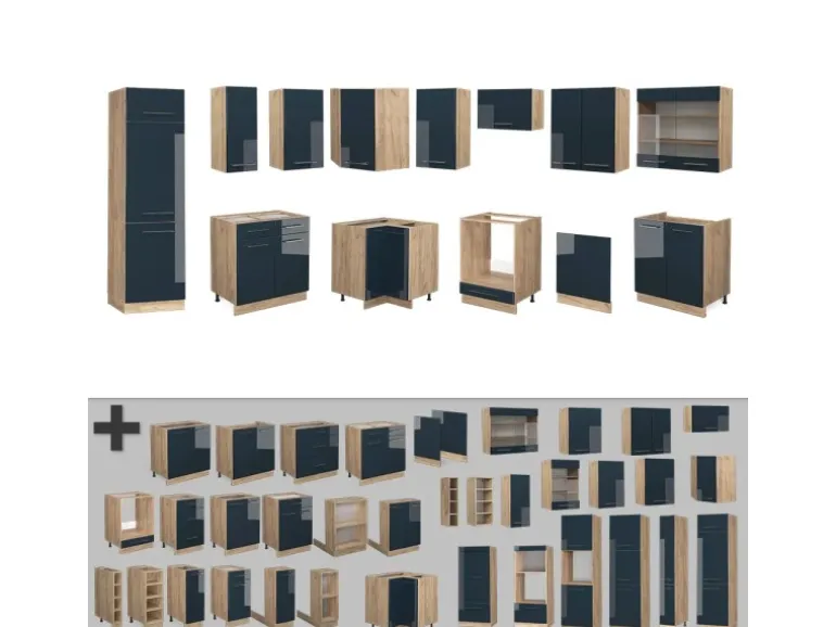 Vicco Fame-Line Küchenschränke Dunkelblau Hochglanz/Goldkraft Eiche 227 x 60 cm ohne Arbeitsplatte ohne E-Geräte