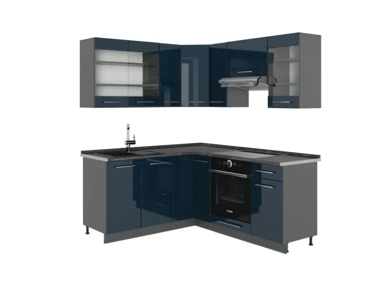 Vicco Fame-Line Küchenschränke Dunkelblau Hochglanz/Anthrazit 160 x 60 cm ohne Arbeitsplatte ohne E-Geräte