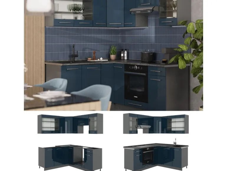 Vicco Fame-Line Küchenschränke Dunkelblau Hochglanz/Anthrazit 160 x 60 cm ohne Arbeitsplatte ohne E-Geräte