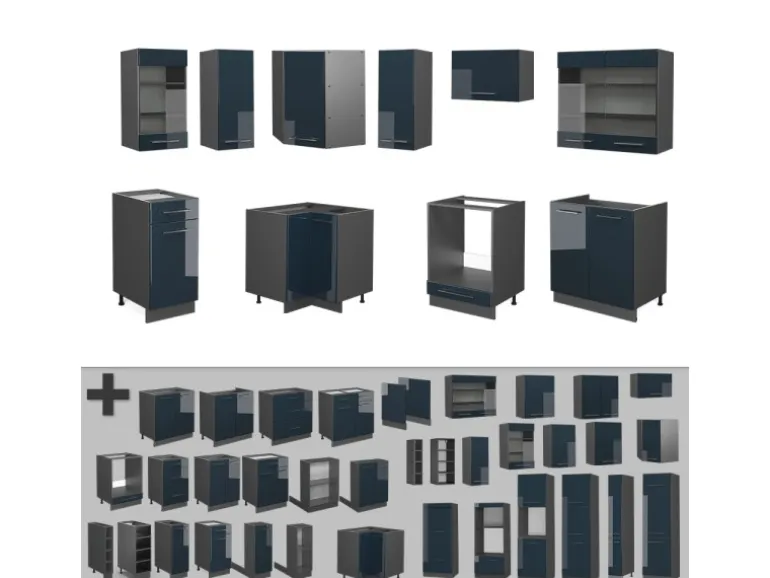 Vicco Fame-Line Küchenschränke Dunkelblau Hochglanz/Anthrazit 160 x 60 cm ohne Arbeitsplatte ohne E-Geräte