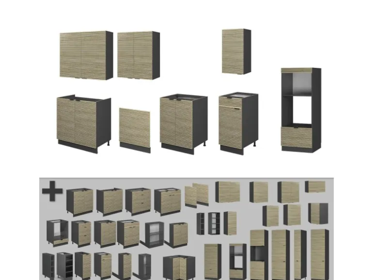 Vicco Fame-Line Küchenzeile Eiche Paneel/Anthrazit 300 cm mit Hochschrankohne Arbeitsplatte ohne E-Geräte