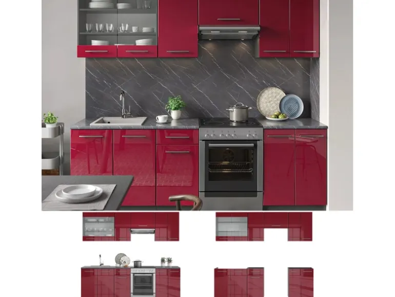 Vicco Fame-Line Küchenzeile Bordeaux Hochglanz/Anthrazit 240 cm AP Marmor ohne E-Geräte