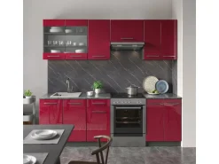 Vicco Fame-Line Küchenzeile Bordeaux Hochglanz/Anthrazit 240 cm AP Marmor ohne E-Geräte