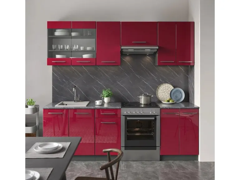 Vicco Fame-Line Küchenzeile Bordeaux Hochglanz/Anthrazit 240 cm AP Marmor ohne E-Geräte